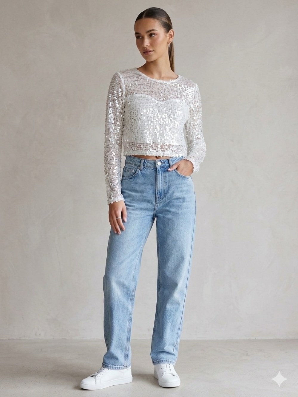 Glamorous Iridescent White Sequin Cropped Top